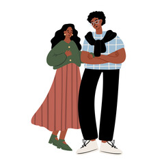 Illustration of a young African American couple talking, woman smiling, man standing with arms crossed. Flat vector illustration.