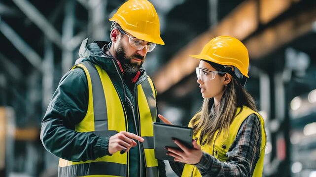 Engineers in helmets show tablet, builders and workers listen. Teamwork among supervisors, architects, contractors, managers. Foremen guide inspectors across site. Contractors ensure smooth process.