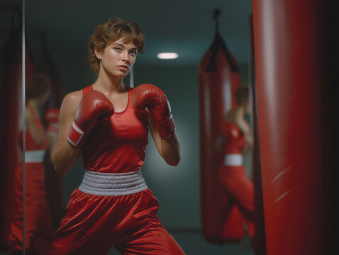 Female boxer in red sports attire, wearing gloves, poses confidently in a training gym, surrounded by punching bags, showcasing strength and determination in a dynamic environment