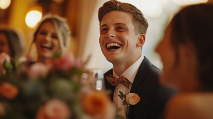 A happy man laughs during a wedding reception.