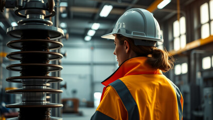 Engineer inspecting equipment. A female engineer in a hard hat and safety jacket observes a high-voltage insulator in an industrial factory.
