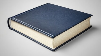 A thick, navy blue hardcover book lies on a light gray background, its pages slightly fanned open, showcasing a creamy off-white interior. The cover displays a subtle textured finish