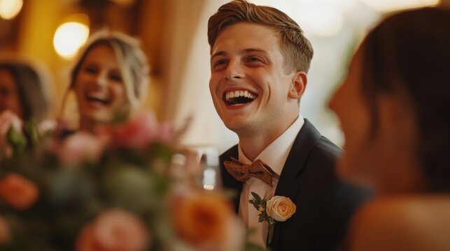 A happy man laughs during a wedding reception.