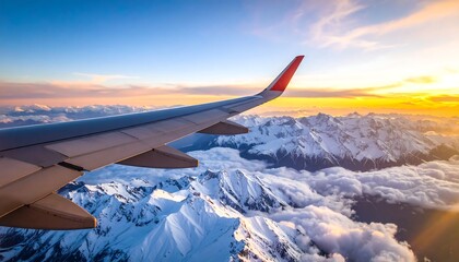 Aerial view of snow-capped mountains at sunset from an airplane