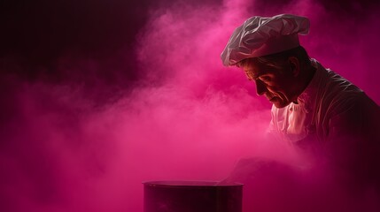 Chef immersed in vibrant pink smoke, symbolizing the artistry and passion of cooking in a dramatic setting.