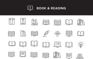 Book and Reading Thin Line Icon Set for Education