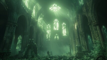 Dilapidated church interior with light streaming through gothic windows