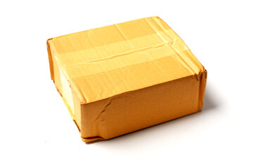 Sealed cardboard box with brown packing tape on a white background.
