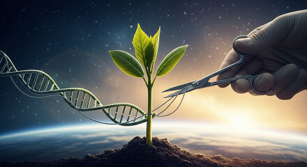 A plant growing with dna strand and hand holding scissors in space background, genetic modification
