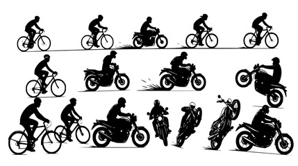 Collage of motorcycle and bicycle riders in action, performing stunts and riding, isolated on white background