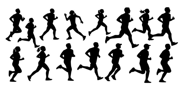 Group of diverse runners in motion, showcasing athletic activity and fitness, isolated on white background