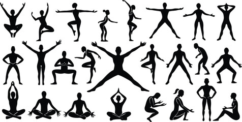 Vector art of a dynamic collection of people performing various yoga and meditation poses, showcasing flexibility and balance isolated on transparent background.