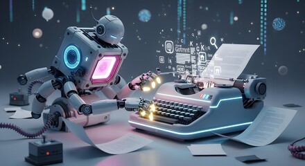 Robot generating content using artificial intelligence, typing on a futuristic typewriter for SEO copywriting automation with ChatGPT concept