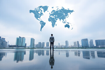 Man in suit looks at glowing world map over city skyline