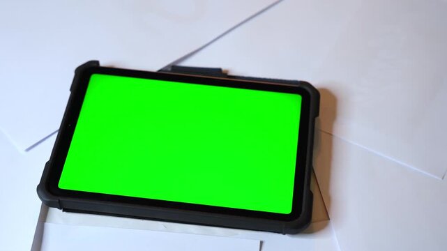 Tablet with bright green screen lying on a desk&mdash;ideal for UI mockups, app previews, tech presentations, and chroma key projects in office or creative environments.