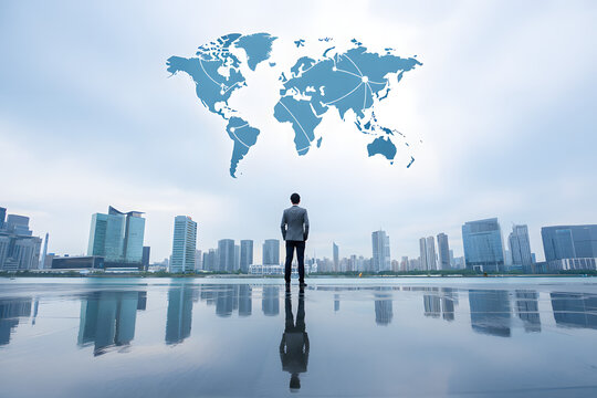 Man in suit looks at glowing world map over city skyline