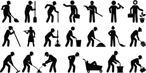 Fototapeta premium Vector art of a collection of silhouette figures performing various cleaning and gardening tasks with tools isolated on transparent background.