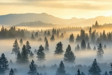 Obraz premium Misty morning view of a pine forest.