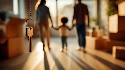 Family walks holding child’s hand, keys close, boxes stacked for move. Excited couple begins fresh chapter in new house. Smiles show deep love, moving day bonds hearts, house becomes happy home. - Powered by Adobe