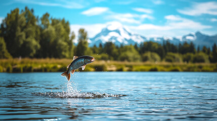 A fish jumps out of the water of a lake against the background of a forest and beautiful mountains