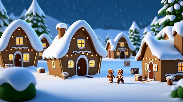 Charming gingerbread village on a snowy hill, as a camera slowly descends from a starry sky, perfectly embodying the spirit and wonder of Christmas and the holiday season.
