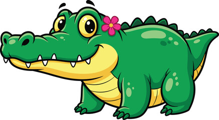 Fototapeta premium Cartoon alligator smiles with pink flower. Cute reptile, friendly, animal character, illustration, clip art, design, vector, funny, nature, happiness, happy, wildlife, cheerful.