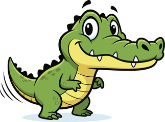 Happy cartoon alligator walks, wags its tail. Friendly reptile with a smile, vector illustration. Mascot, character, cheerful, animal, wildlife, cute, funny.
