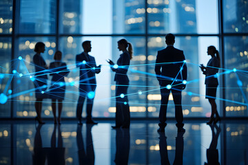 Silhouetted business people in office with digital network overlay