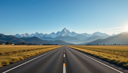 A long straight road leads to snow capped mountains under a clear blue sky on a sunny day trip view