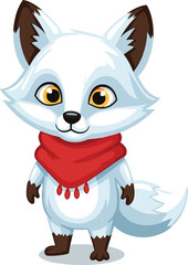 Fototapeta premium Cute arctic fox wears a red scarf. Winter animal, cartoon illustration, festive, holiday, adorable, mascot, wildlife, nature, character, snow, cold weather