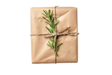 Rustic Gift Wrapped in Kraft Paper with Rosemary Sprig on a transparent background