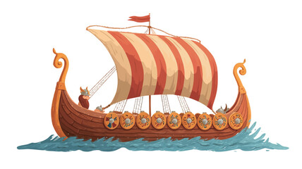A digital illustration of a Viking longship sailing on the water. The ship is depicted in a cartoon style with a red and cream striped sail, a carved dragon head at the prow, and several shields
