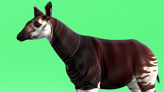 Okapi with distinctive striped legs and unique markings on a vibrant green background