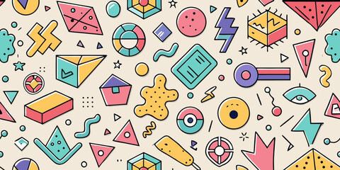 Colorful Outlined Memphis Doodle Icon Set with Geometric Shapes, Playful Lines, and Squiggles in Clean Flat Vector Format for Stickers and Design

