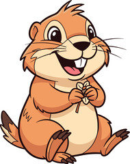 Obraz premium Happy groundhog holds twig. Whimsical animal character, cute mascot, forest creature, rodent, cartoon, children's illustration, cheerful, nature.