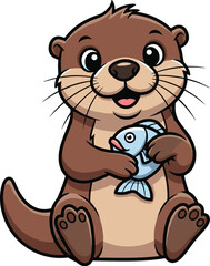 Naklejka premium Otter holds a fish, grinning. Cartoon animal, cute character, playful, wildlife, humor, fun, illustration, nature, happy, adorable, funny, smile.