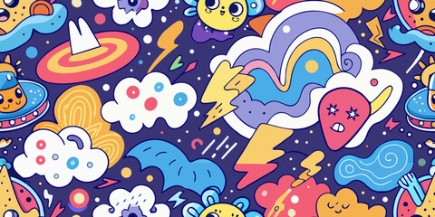 Fun Abstract Doodle Background with Cartoon Blobs, Swirls, Lightning Bolts, and Cloud Puffs in Flat Colorful Vector Style with Rounded Lines

