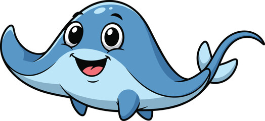 Obraz premium Happy cartoon stingray smiles with fins out. Cute sea life character, underwater animal, marine wildlife, ocean creature, friendly