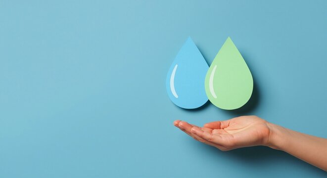 Hand supporting blue and green water drops for environmental conservation concept - international day of clean energy