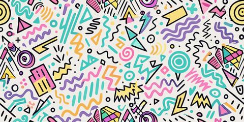 Seamless Abstract Doodle Background with Neon Zigzags, Loops, Swirls, and Geometric Shapes in Pastel Colors on White Canvas in Flat Vector Style

