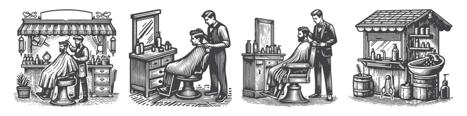 Vintage Hand-Drawn Man on Barber Collection Illustration, Classic Grooming Scene Engraved Style Vector for T-Shirts and Haircut Culture Themes Design