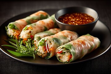 Spring rolls filled with shrimp and vegetables, served with dipping sauce