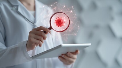 Examining Pathogens: A scientist meticulously studies a digitally rendered virus through a magnifying glass, symbolizing the relentless pursuit of knowledge and the fight against disease.