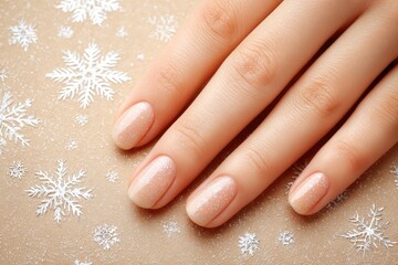 Soft beige nails, snowflake pattern