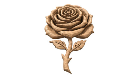 Intricate wood carving of a rose with stem and leaves isolated on transparent background