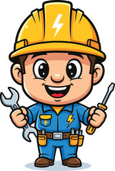 Electrician smiles, holding tools. Repair worker, cartoon character, professional, maintenance, construction, service