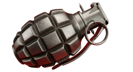 Realistic close-up of a vintage metal fragmentation hand grenade with detailed texture and a pull pin, perfect for military concepts or historical projects.