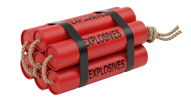 Dynamic bundle of red dynamite sticks bound with black tape and rough rope, ready for explosive action or a powerful impact.