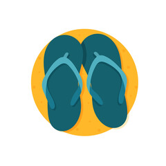 Minimalist vector illustration of two blue flip-flop sandals resting on sand, perfect for summer, beach, and vacation vibes