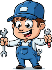 Fototapeta premium Mechanic smiles and holds wrenches. Cartoon handyman, maintenance, occupation, repair, service, construction, engineering, maintenance, professional.